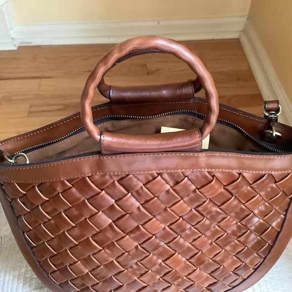 Patricia Nash Woven Leather Oliena Top Handle Satchel Crossbody Cognac SZ Large - Picture 4 of 16